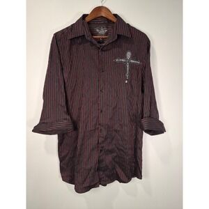 El General 1901 Mens Large Red Black Striped Justice Cross Embroidered Shirt